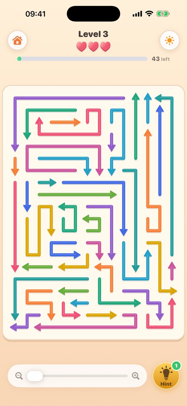 An Arrow Maze level packed with colorful arrows